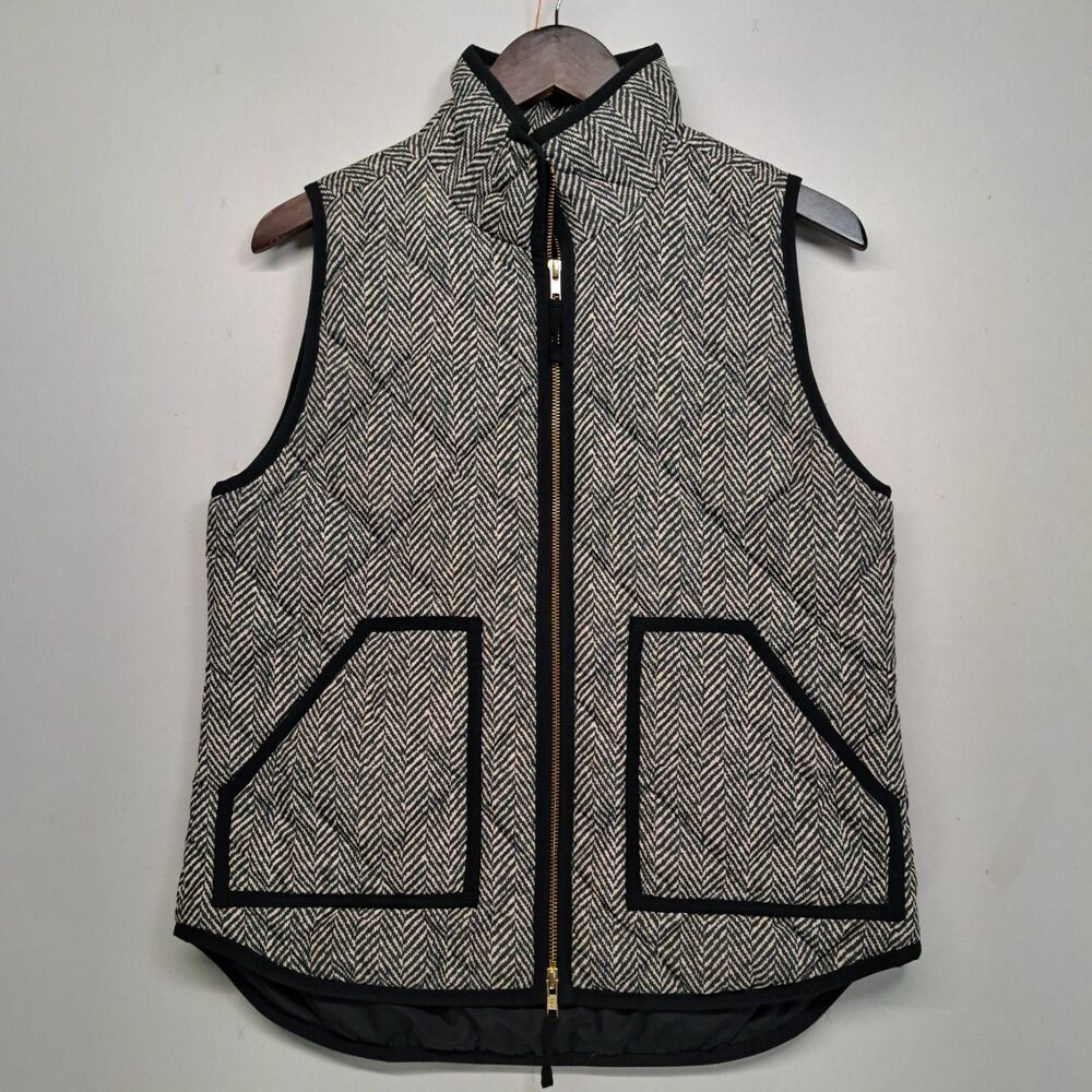 J. Crew Ivory Black Herringbone Print Quilted Zipper Vest Small Outdoor Gorp